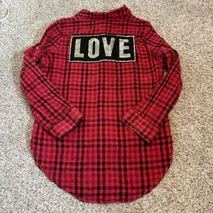 The Nu Vintage Distressed Red Plaid Sequin  Love Applique Button Down Shirt - L